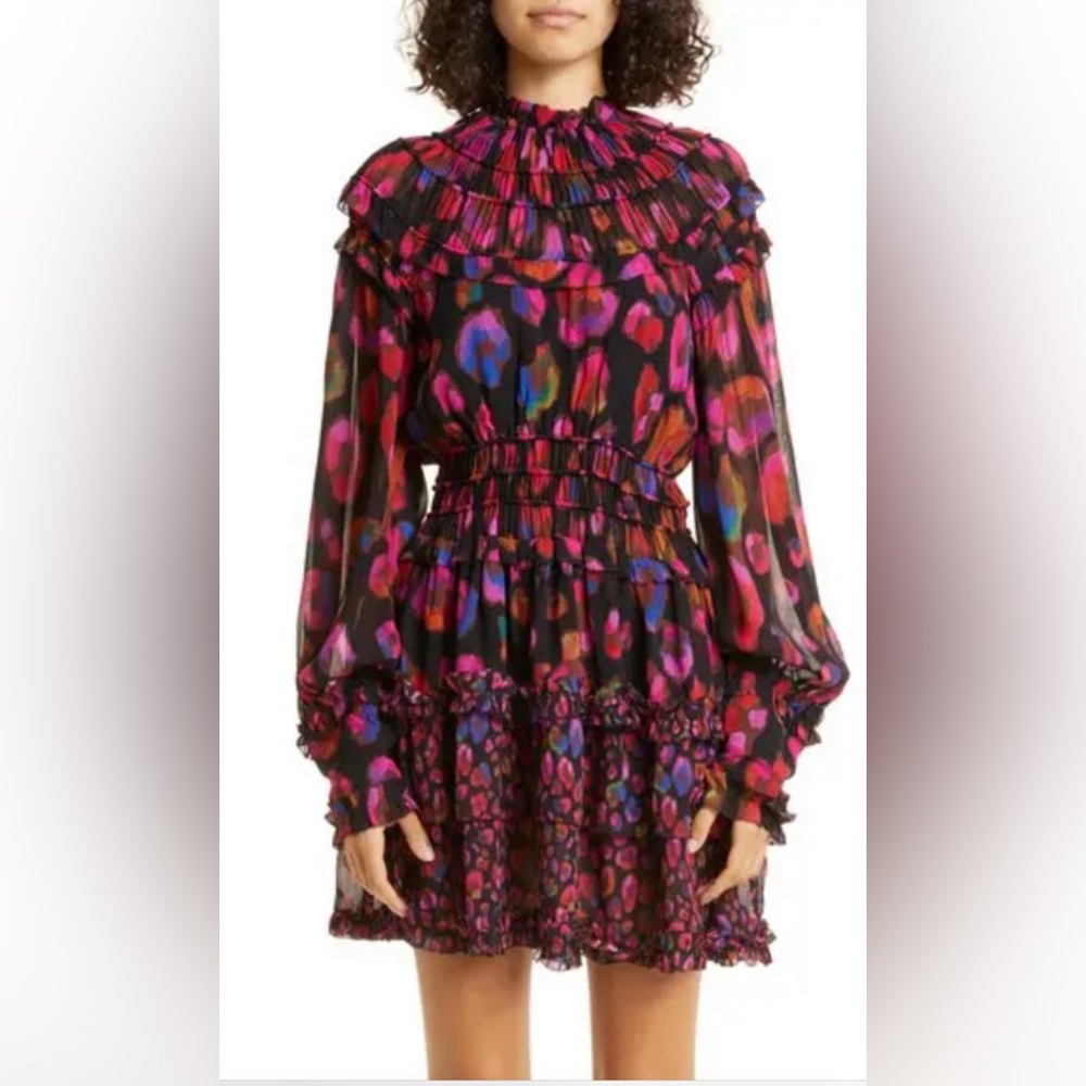 Farm Rio iridescent leopard ruffle mini dress Size XS NWT